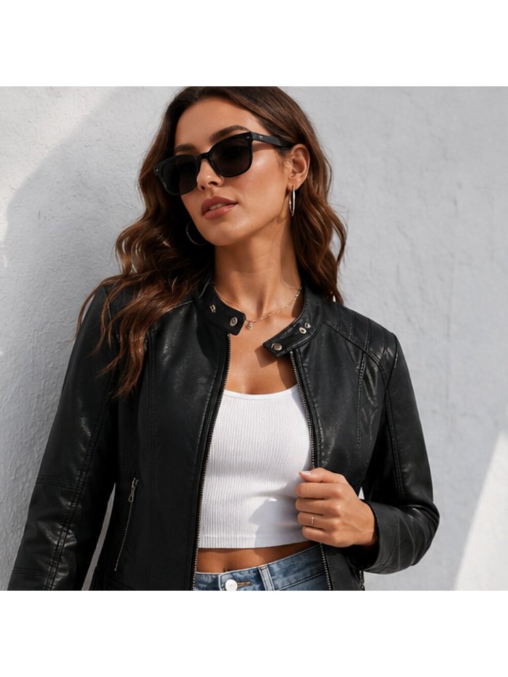 Black Faux Leather Moto Biker Jacket Size Large